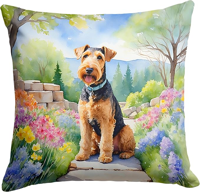 Caroline's Treasures Airedale Terrier Spring Garden Throw Pillow Machine Washable, Indoor Outdoor Decorative Pillow for Couch, Bed or Patio, 18Hx18W