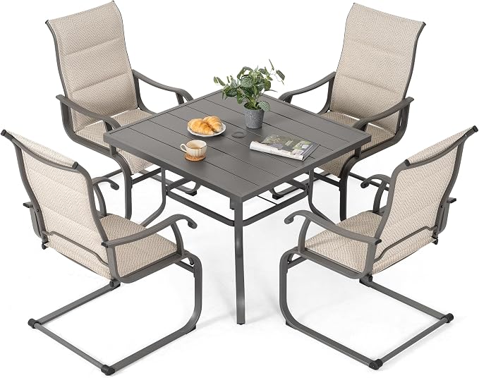 NUU GARDEN 5 Piece Outdoor Patio Dining Set, 37" Table with Umbrella Hole and 4 Textilene Dining Chairs, Patio Furniture for Porch Poolside Garden, Beige