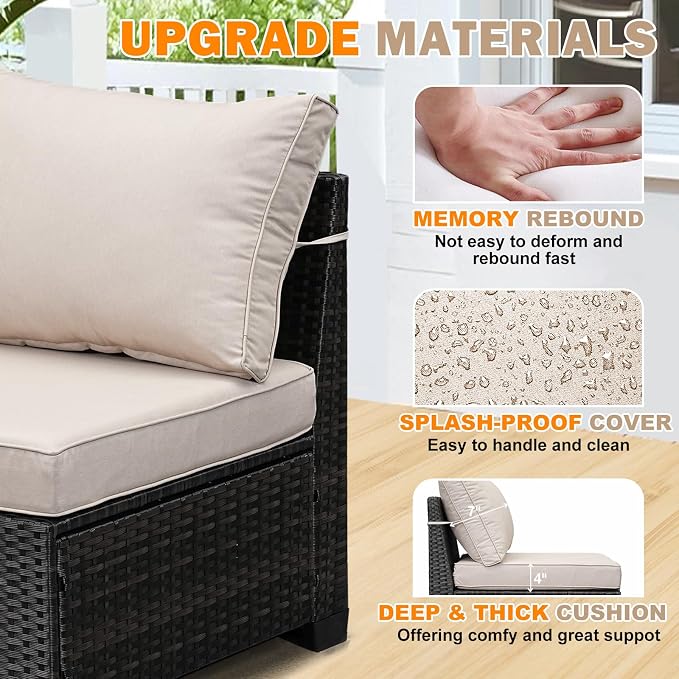 9 Pieces Patio Furniture Set, Wicker PE Rattan Outdoor Sectional with Cushion & Coffee Table, Patio Conversation Sofa for Garden, Backyard, Poolside, Beige