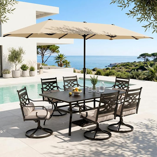 PHI VILLA 6 Piece, Outdoor Dining Set, Rectangular Metal Table,Umbrella | 15ft Umbrella, Swivel Chairs, Cushions