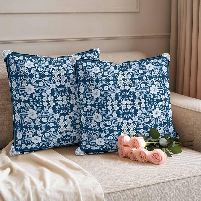 Blue White White Flowers Waterproof Outdoor Pillow Covers Set of 2 Home Decor, Rustic Vintage Botanical Leaves Pillowcase Patio Pillow Covers for Couch Bench Furniture Garden 20x20in