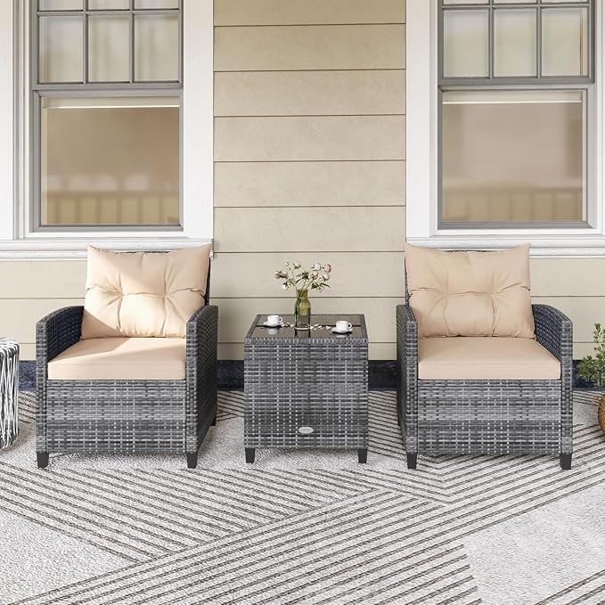 KOTEK 3 Piece Patio Furniture Set, Outdoor PE Rattan Conversation Set with Washable Cushions & Tempered Glass Tabletop, Wicker Chairs and Table Set for Porch, Garden, Balcony (Beige)