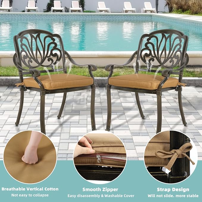 MEETWARM 5 Piece Outdoor Furniture Patio Dining Set, All-Weather Cast Aluminum Patio Table and Chairs Set- 4 Cushioned Chairs, 1 Round Dining Table with Umbrella Hole for Backyard Garden Deck
