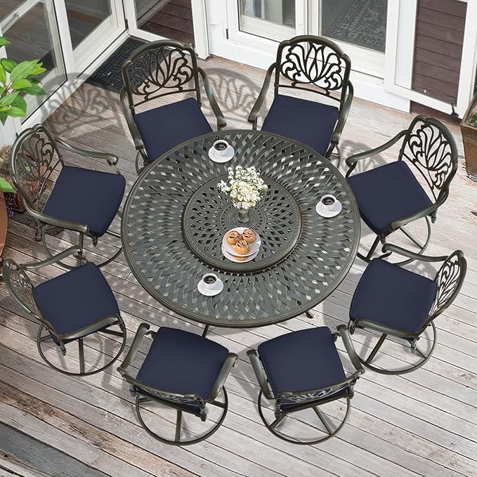 MEETWARM Outdoor 9-Piece Patio Dining Set, All-Weather Cast Aluminum Patio Conversation Set- 8 Cushioned Swivel Rocker, 61" Round Patio Dining Table w/Detachable Lazy Susan/Umbrella Hole, Navy Blue