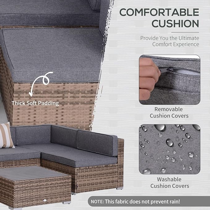 Outsunny 7 Piece Patio Furniture Set, Wicker Outdoor Sectional Sofa Set, All Weather PE Rattan Outdoor Furniture Conversation Sets with Cushions, Faux Wood Coffee Table, Striped Pillows, Gray