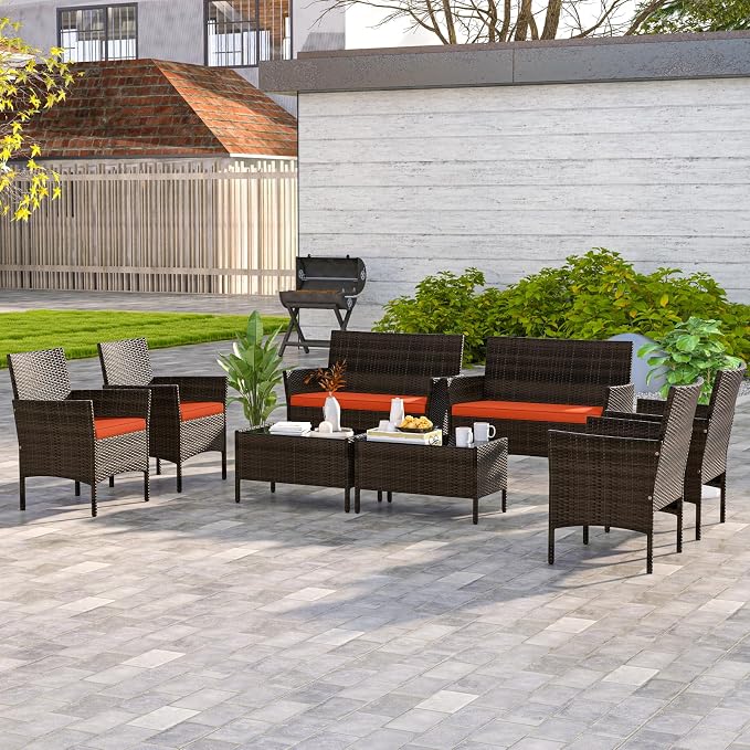 RELAX4LIFE 8-Piece Patio Furniture Set - Rattan Outdoor Conversation Bistro Set w/Cushions, Glass Coffee Table, Wicker Chairs & Loveseat for Garden Backyard Porch, Balcony Furniture Set (2, Orange)