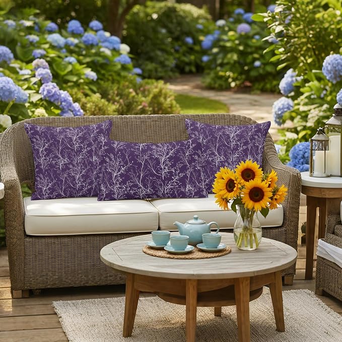 Purple Branches Waterproof Outdoor Pillow Covers Set of 2 Home Decor, Abstract Art Leaves Plant Pillowcase Patio Pillow Covers for Couch Bench Patio Furniture Garden 16x16in