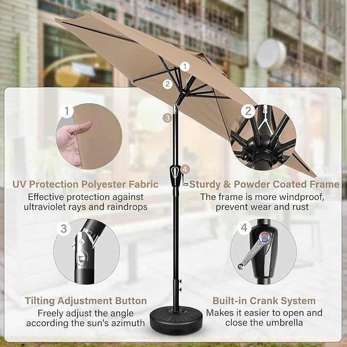 Simple Deluxe 7.5ft Patio Umbrella Outdoor Table Market Yard Umbrella with Round Umbrella Base Stand for Garden, Deck, Backyard, Pool, Tan