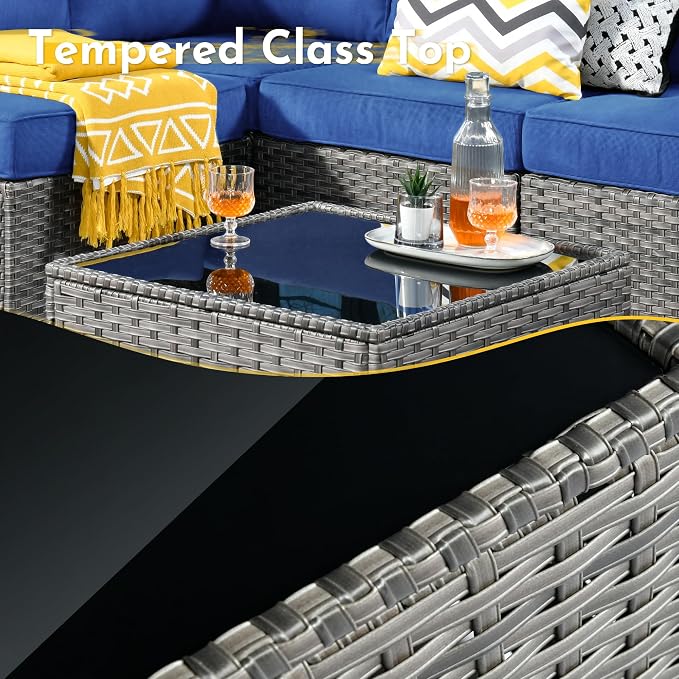 Weaxty 5 Pieces Patio Furniture Sets,Wicker Outdoor Sectional Sofa with Thicken Cushion and Rattan Coffee Table,Patio Conversation Couch Set for Porch, Balcony,Yard, Poolside,Navy Blue
