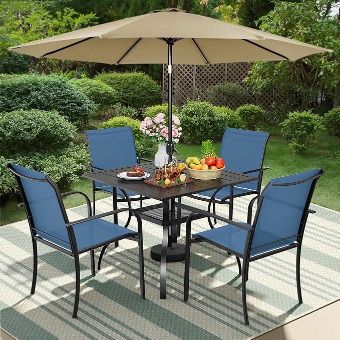 5-Piece Patio Dining Set with Umbrella,4 Person Outdoor Table and Chairs Set, 4 Metal Dining Chairs and Square Outdoor Table with 1.57" Umbrella Hole,Blue