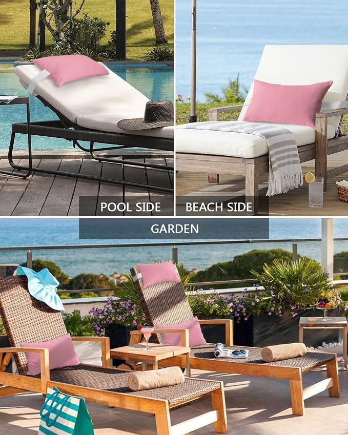 DecorLovee Pink Outdoor Recliner Pillows for Head, Modern Pure Pink Waterproof Chair Pillow with Elastic Stripe, Farmhouse Chaise Lounge Headrest Pillow for Patio/Beach/Pool 2Pack, 11"x16"