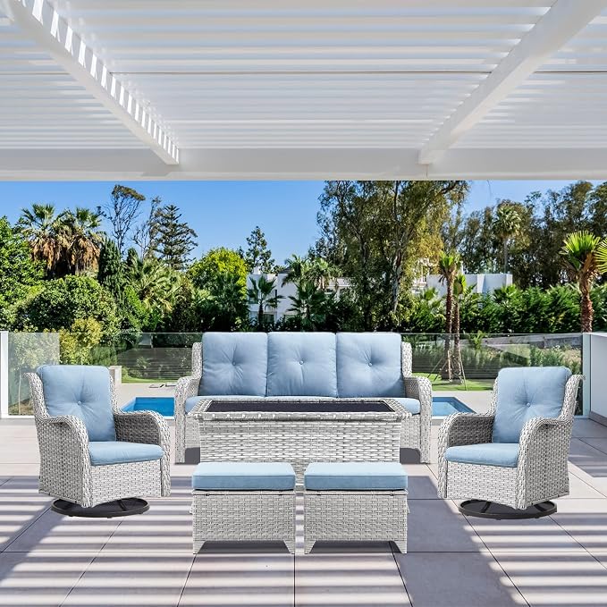 Wicker Patio Furniture Set: 5 Piece Outdoor Conversation Sets with Swivel Rocker Chairs Patio Couch Ottomans, All Weather Rattan Outdoor Furniture Seating for Porch Balcony, Light Grey