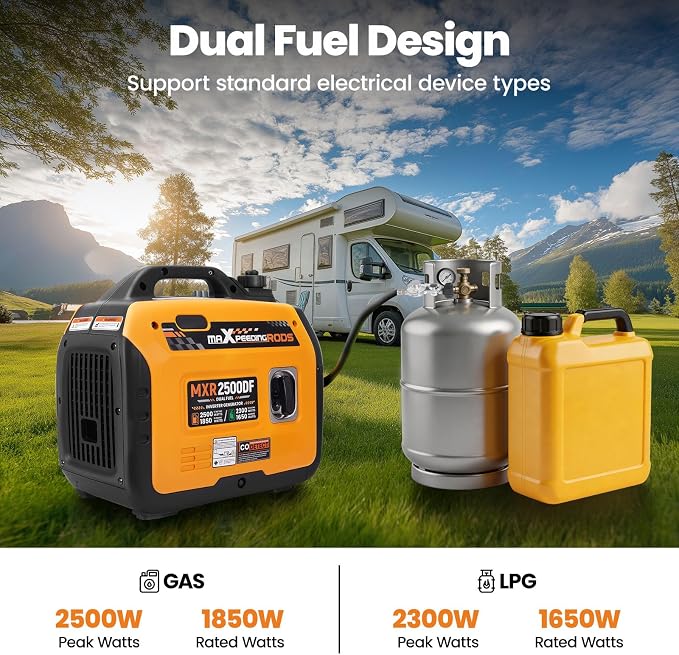 maXpeedingrods 2500W Dual Fuel Inverter Generator Small for Home Outdoor | Gasoline & Propane Powered,ECO Parallel Capable,CO Sensor,Lightweight,w/ EPA PGMA,MXR2500DF Quiet Operation,LPG Fuel Economy