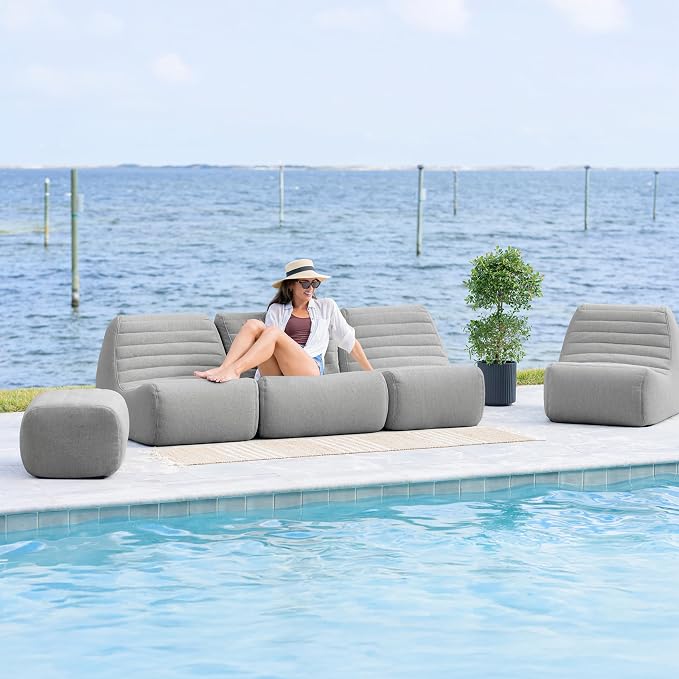 Big Joe Solvana Outdoor Sectional, 7 Piece Patio Furniture Set, Performance Linen Weather-Resistant Fabric Sofa, Port Gray
