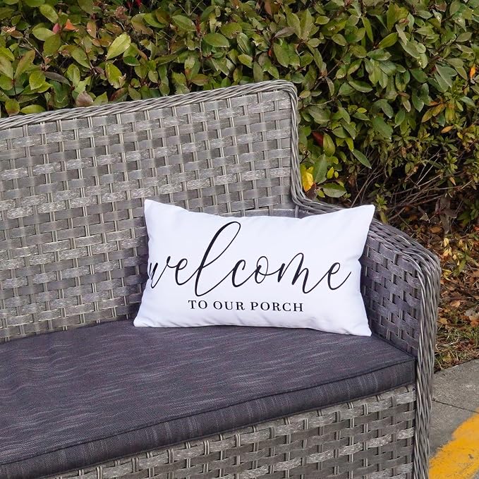 ONWAY White Outdoor Welcome Throw Pillow Covers 12x20 Inch Waterproof Black and White Decorative Cushion Cover for Patio Furniture Garden Spring Summer Decor