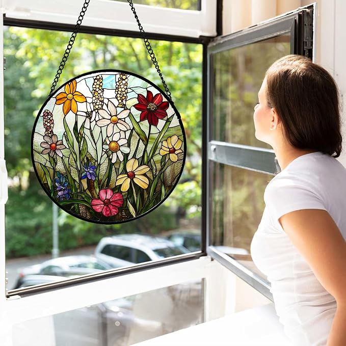 DASTOLL Stained Glass Window Hanging, Colorful Wildflowers Plant Scenery Suncatcher for Doors Window Home White Green Sun Catchers Decor Mother's Day Birthday Gifts for Women, Men Mom 7.8 in
