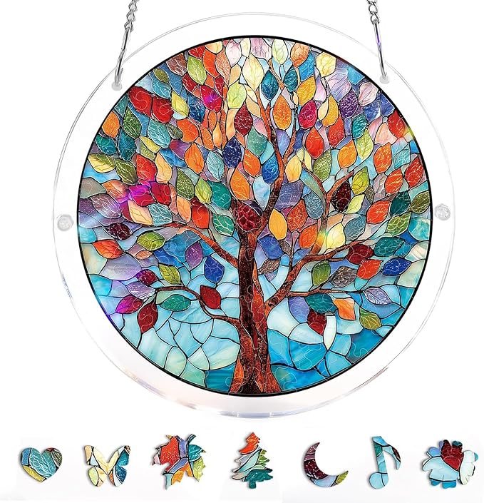 Acrylic Jigsaw Puzzle Suncatcher-Violet Garden Grace, Stained Glass Window Hanging, Home Decor Creative Mom Gifts, Birthday Gifts for Women,Wife, Sisters, Aunt, Besties 7.4in (Sacred Tree)