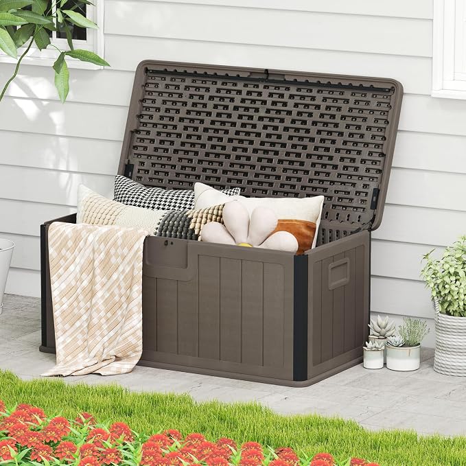 Giantex 100 Gallon Deck Box, Waterproof Resin Box with Lockable Lid, 440Lbs Outdoor HDPE Storage Container Bench for Patio Furniture Cushions, Pool Tools & Garden Accessories (Brown)