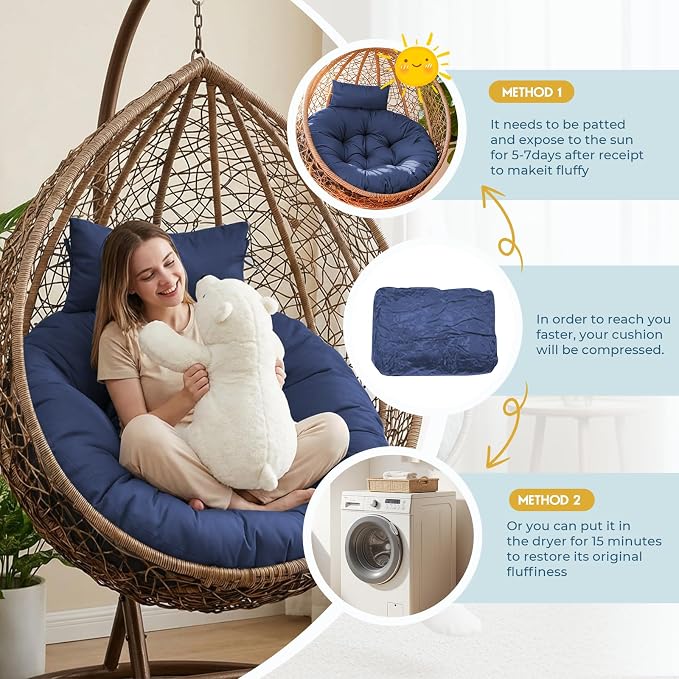Outdoor 45" Round Egg Chair Cushion Replacement Waterproof Blue | Thicken Pad with Headrest Pillow, Hanging Swing Wicker Egg Chair Cushions, Suitable for Garden Office