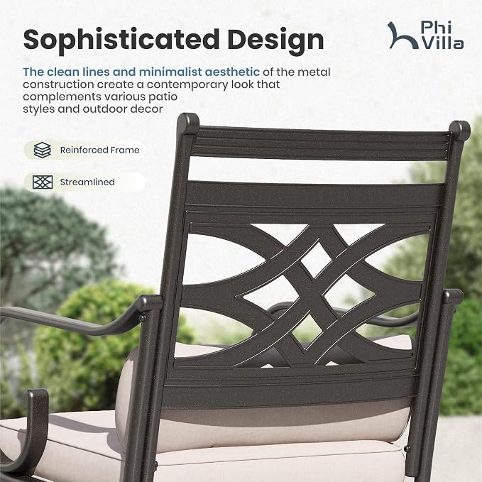 PHI VILLA Patio Dining Set, for 6, Swivel Chairs | E-Coated and Steel, Round Table, Beige, Umbrella Hole, 350 lbs Chair Capacity