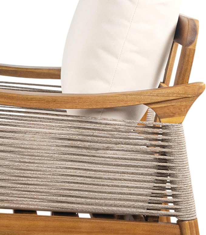 Merax Woven Rope Patio Club Chair, Acacia Wood Outdoor Armchair | Teak-Finish Acacia Frame, Woven Rope Seat, Thick Cushion, Deep Seating For Patio, Porch, Garden, Backyard Or Balcony