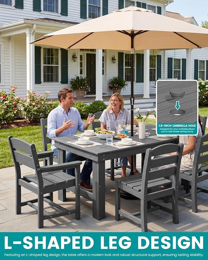 SERWALL HDPE Outdoor Dining Table and Chairs Set for 6 | with Armless Chair Seat
