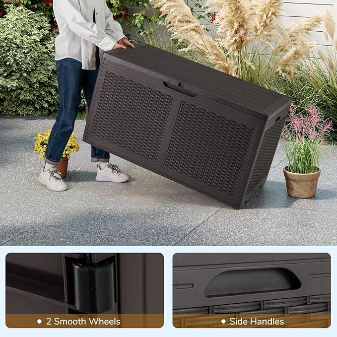 Tangkula 100 Gallon Outdoor Storage Box, Lockable Outdoor Storage Bench with 2 Smooth Wheels, Faux Rattan Surface, Waterproof Resin Deck Box for Outside Poolside Patio Garden (Brown)