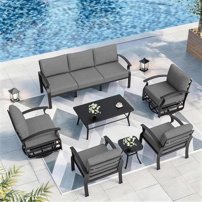 Kurapika Aluminum Patio Furniture Set 7-Seat Modern Outdoor Conversation Sets w/Swivel Rocking Chairs with Rectangular Coffee Table, Grey