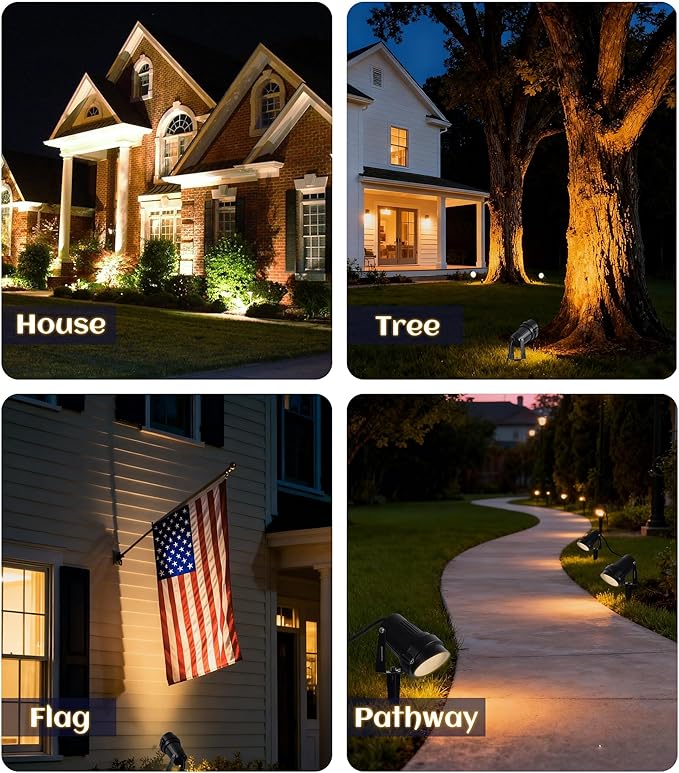 12W Landscape Lighting, IP66 Waterproof Spotlight with 6.6Ft Cable + Plug+ Switch, 3000K LED Landscape Lights for Yard Garden Tree House Halloween Christmas, 1400LM Landscape Warm White Light, 8 Pack