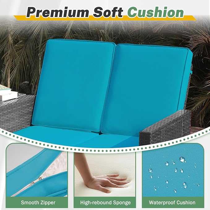 LVUYOYO 5 Piece Patio Furniture Set, Patio Wicker Conversation Set with Ottoman, Outdoor Chaise Lounge Chair with Side Table & Adjustable Backrest for Pool Backyard Garden (Brown Wicker Green Cushion)