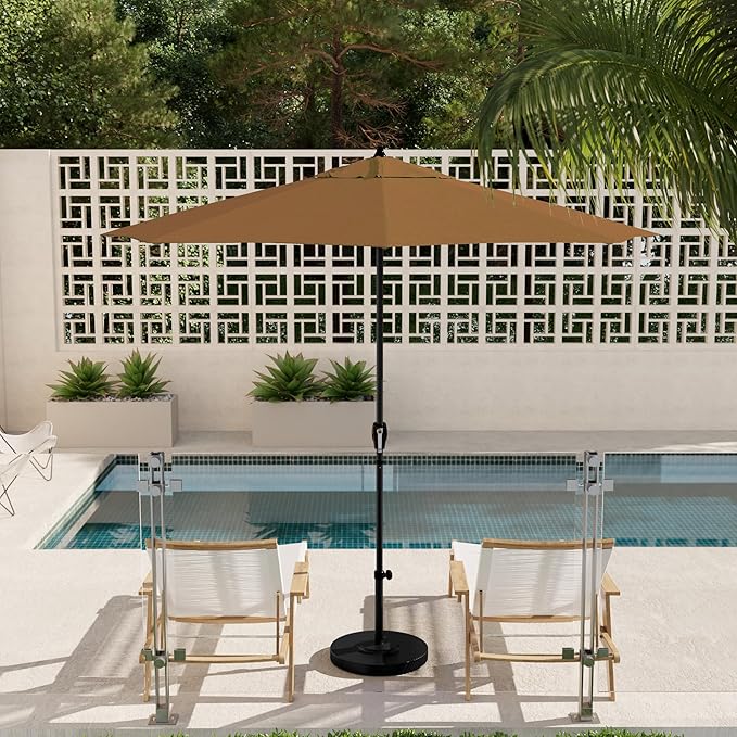 California Umbrella 12-Year Protection 9' Rd Aluminum Patio Umbrella, Crank Lift, Auto Tilt, Black Finish, Sunbrella Heather Beige