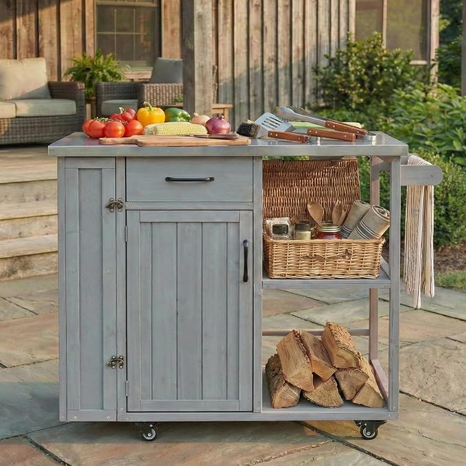 Outdoor Storage Deck Box and Kitchen Prep Station, Fir Wood Patio Storage Cabinet with Stainless Steel Top, Mobile Grill Cart with Lockable Wheels and Spice Rack for Backyard, 40.5 Inch, Grey