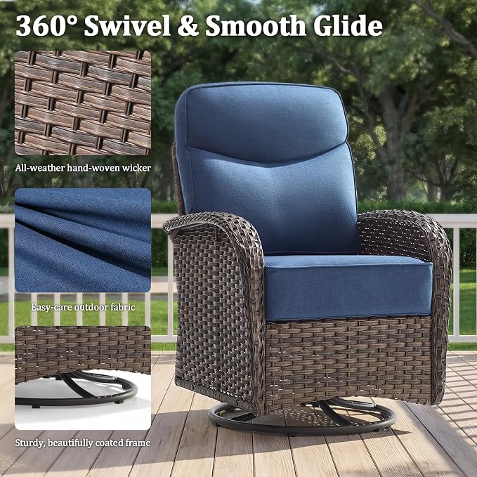 Outdoor Swivel Rocking Chair Patio Set (3-Piece), High-Back - Thick Cushion Swivel Rocking Chair Patio Set, All-Weather Wicker Patio Furniture Set, Suitable for Balcony Patios, Brown/Blue