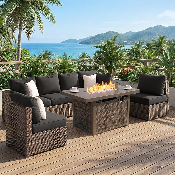 Grezone 7 Piece Patio Furniture Set with 44" Fire Pit Table, Outdoor Sectional Couch, PE Rattan Patio Conversation Sets with 4inch Cushions for Backyard Black (BK)