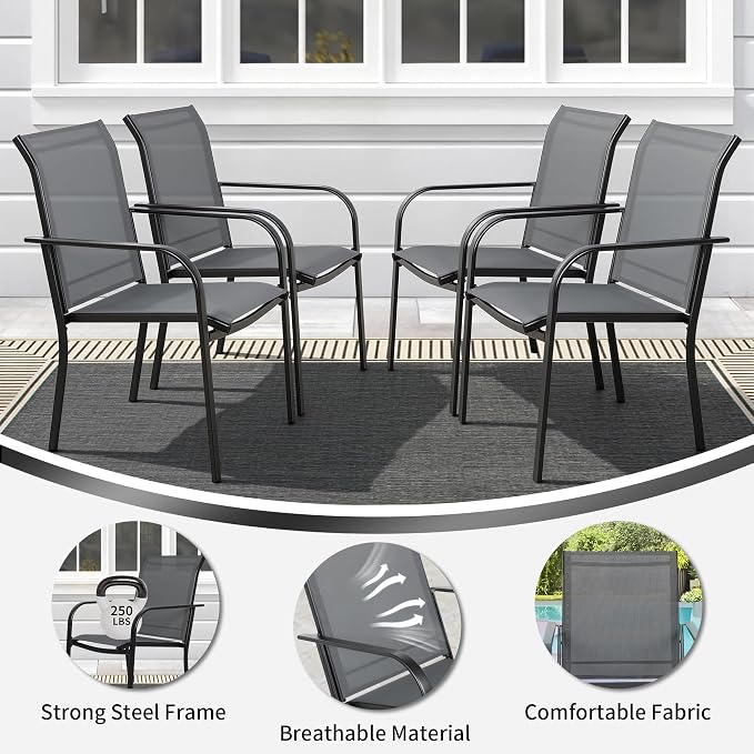 SUNCROWN 7 Pieces Outdoor Dining Set, Patio Furniture Set with 6 x Textilene Dinning Chairs and 1 Steel Slat Metal Bistro Table for Garden Lawn Backyard Deck (Grey)
