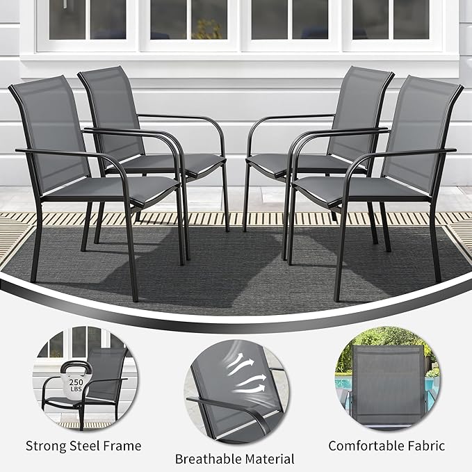SUNCROWN 5 - Piece Outdoor Dining Set, Patio Furniture Set with 4 x Textilene Dinning Chairs and 1 Steel Slat Metal Bistro Table for Lawn Garden Backyard Deck, Grey