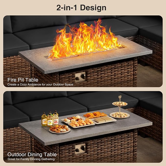 Qsun 8 Pieces Outdoor Patio Furniture Set with 44.9" Fire Pit Table, All-Weather Wicker Outdoor Patio Sectional Set with Coffee Table, for Backyard Poolside Garden Porch, Black