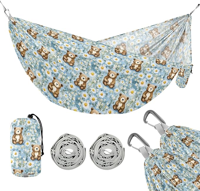 Camping Hammock Outdoor Hammocks for Outside Bear Daisy Flower Beach Trees Portable Lightweight with Pockets Tree Straps Indoor