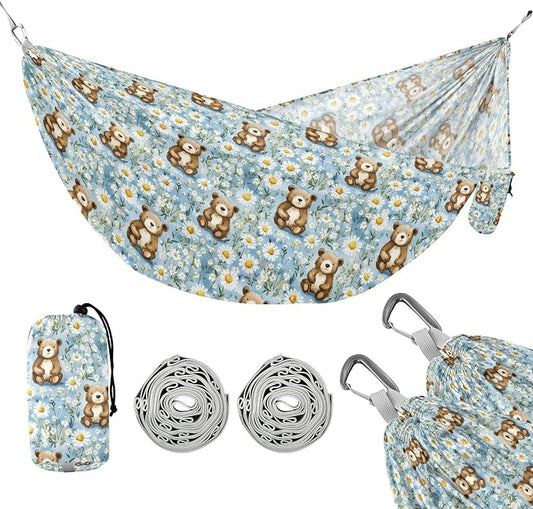 Camping Hammock Outdoor Hammocks for Outside Bear Daisy Flower Beach Trees Portable Lightweight with Pockets Tree Straps Indoor