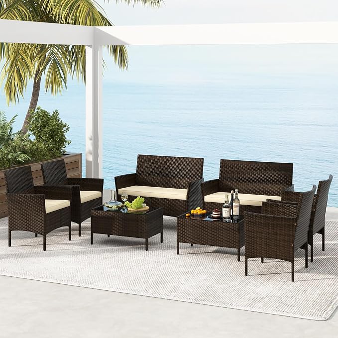 Tangkula 8 Piece Patio Rattan Conversation Set, Outdoor Wicker Furniture Set with Chair, Loveseat & Tempered Glass Table, Cozy Seat Cushions, Outside Sectional Sofa Set for Backyard, Porch (2, Beige)