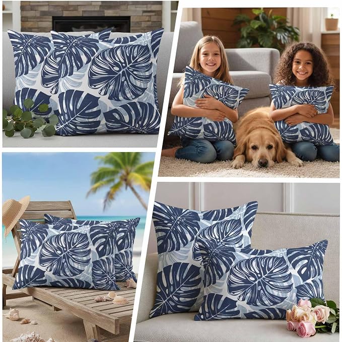 Navy Blue Leaf Outdoor Pillow Covers Set of 2 Tropical Country Watercolor Jungle Botanical Leaves Waterproof Throw Pillow Cover Decorative Cushion Cases for Patio Porch Garden 16X16 Inch