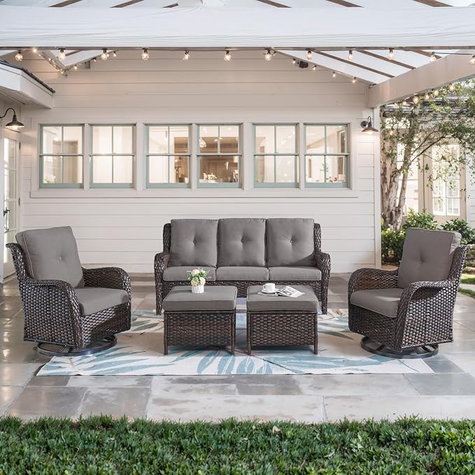 Belord 5 Piece Wicker Patio Furniture Set, Outdoor Swivel Rocker Chairs Set of 2 with Ottomans and 3 Seater Sofa, All Weather Patio Conversation Furniture Set, for Porch Pool, Brown Wicker/Gray