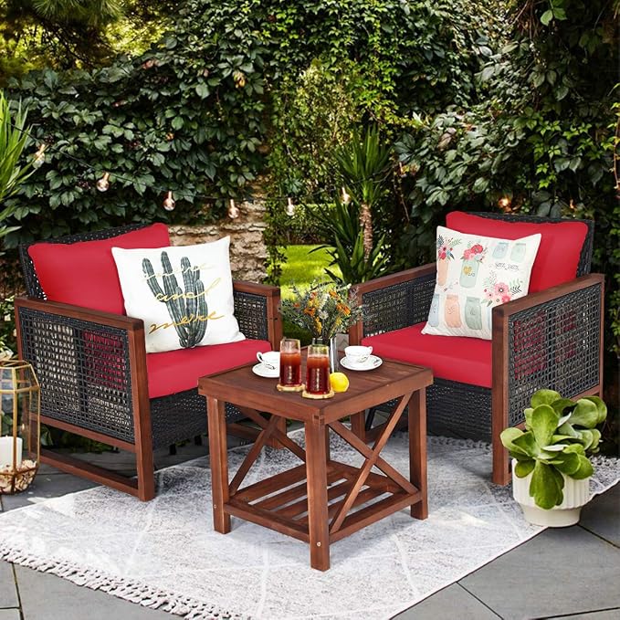 Tangkula 3 Pieces Patio Wicker Furniture Set, Rattan Outdoor Sofa Set w/Washable Cushion & Acacia Wood Coffee Table, Conversation Bistro Set for Garden Balcony Backyard (Red)