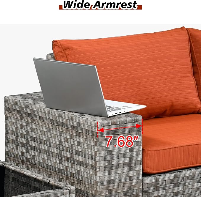HOOOWOOO Outdoor Patio Sectional Furniture Sofa Set with Propane Gas Fire Pit Table,9 Piece Modern Wicker Couch with Swivel Chair,Modular L Shaped Conversation Seating Set with Wide Arm(Orange Red)