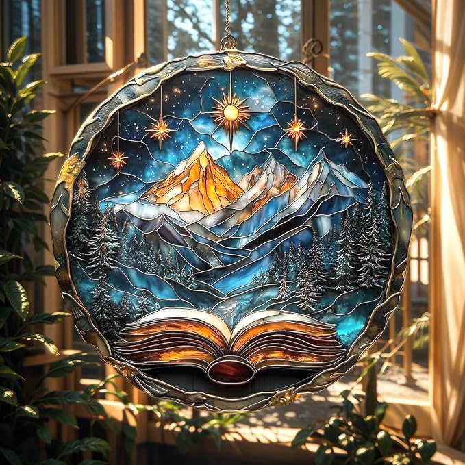 Celestial Opening Book Acrylic Suncatcher, Bookish Suncatchers for Window Hanging Ornament, Art Garden Decor for Book Lover Reader Bookworm, Gifts for Mother's Day, Mom, Grandma, Wife, Women, Nana