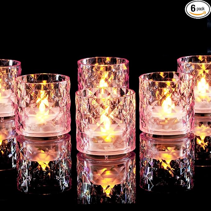 Homemory 2" x 2" Acrylic Votive Candle Holders with Auto Timer Flameless Led Tealight with, Battery Powered Fake Electric Candles for Wedding Centerpiece, Table, Christmas Decor (6Pack, Pink Base)
