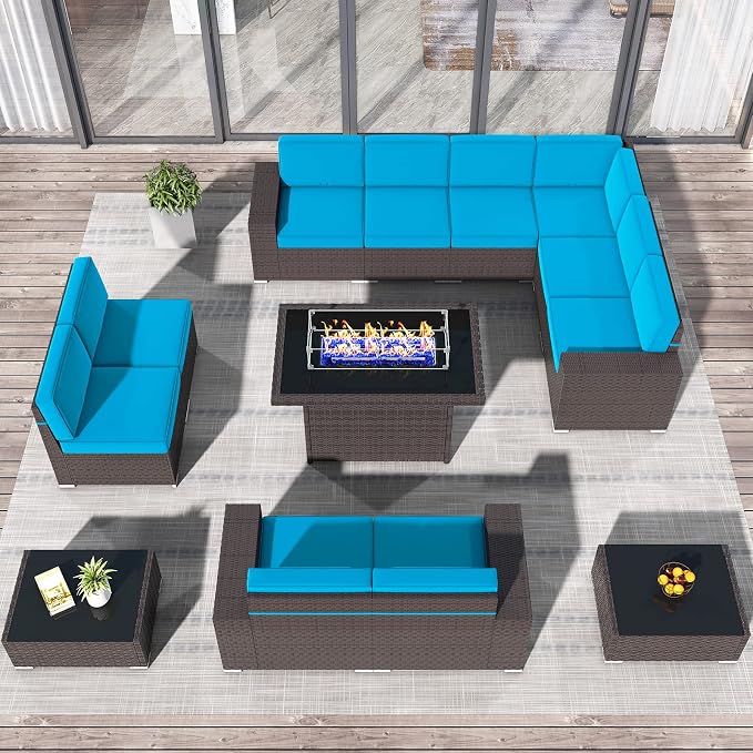13 Pieces Patio Furniture Set with 44" Propane Gas Fire Pit Table, Outdoor Sectional Brown Rattan Wicker Conversation Sofa Sets with Coffee Table