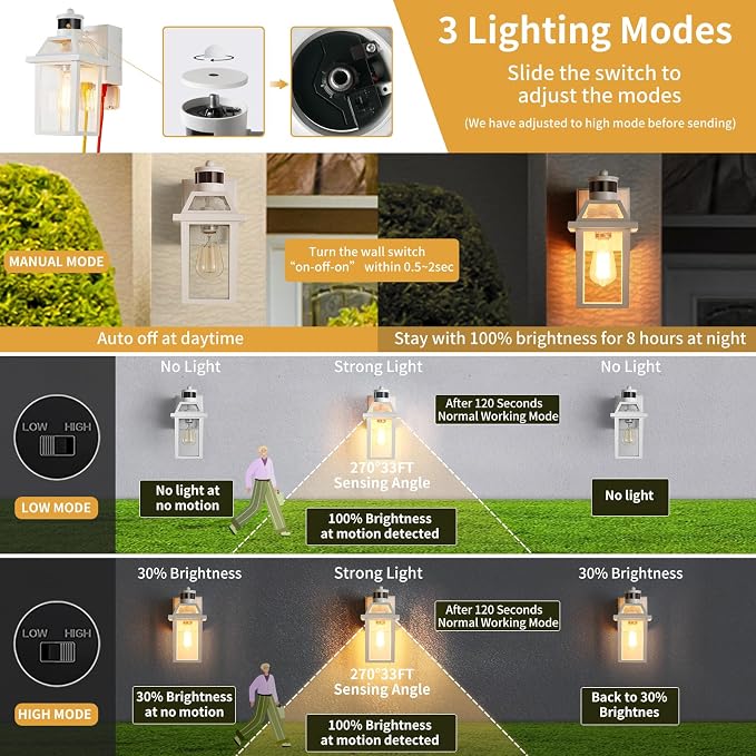 Yisuro Porch Lights with GFCI Outlet, Dusk to Dawn Motion Sensor Outdoor Light, 3 Lighting Modes Exterior Fixture, Outside for House Front Door Patio Garage(2 Pack White)