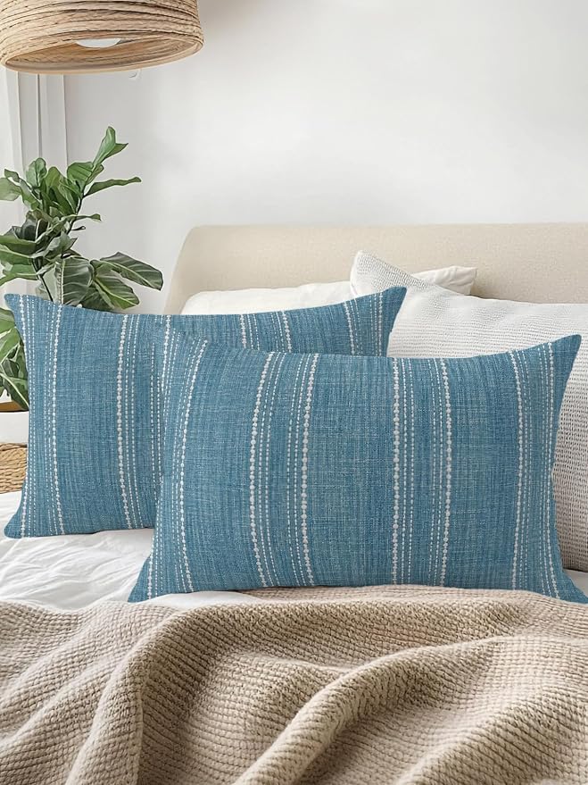 Waterproof Outdoor Pillow 1 Pack Coastal Blue Linen Stripes Decorative Throw Pillows Cover & Insert 20x12 Inch Lumbar Pillowcase Parallel Vertical Lines Pillows for Couch Sofa Bed Patio Furniture