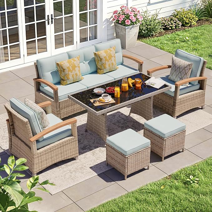 MEISSALIVVE 6 Pieces Patio Furniture Sets, PE Wicker Outdoor Conversation Sets with 2 Wood Armrests Single Chairs, 2 Ottomans and Dining Table (Blue)